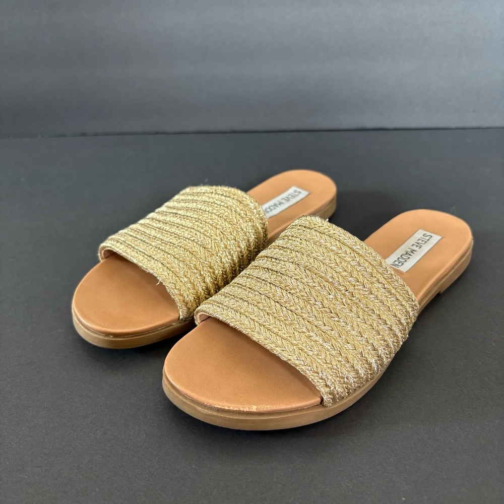 Steve Madden Karolyn Tan Slide Sandals with Woven Braid Design Size 6